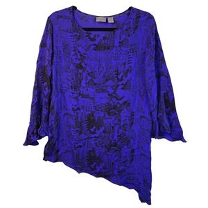 Chico's‎ Top Blouse Silk Tunic 1 Medium Abstract Print Blue Black Ruffle Sleeve